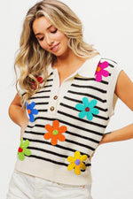 BiBi Flower Patch Striped Half Button Sweater Vest - Farnelli