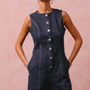 SO ME Button Up Front Washed Denim Sleeveless Romper - DENIM