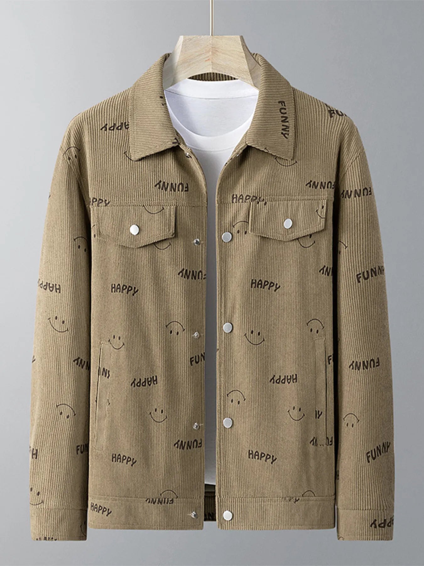 Men's Plus Size Smiley Face Print Snap Down Casual Jacket - Farnelli