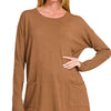 Zenana Viscose Long Sleeve Front Pockets Sweater - H DEEP CAMEL