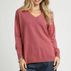 Umgee V-Neck High Low Hem Knit Top with Side Slit - MAUVE