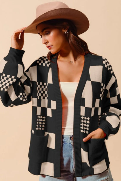 SO ME Checkered Open Front Cardigan with Pockets - Farnelli
