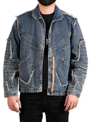 Men's Plus Size Studded Denim Jacket with Frayed Details - Farnelli