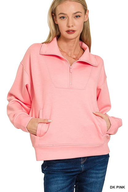 Zenana Scuba Half Zip Sweatshirt with Pockets - Farnelli