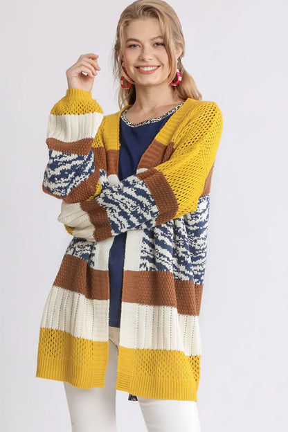 Umgee Full Size Color Block Open Front Longline Cardigan Plus Size - Farnelli