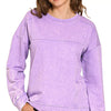 Zenana Acid Wash French Terry Exposed-Seam Pullover - LAVENDER