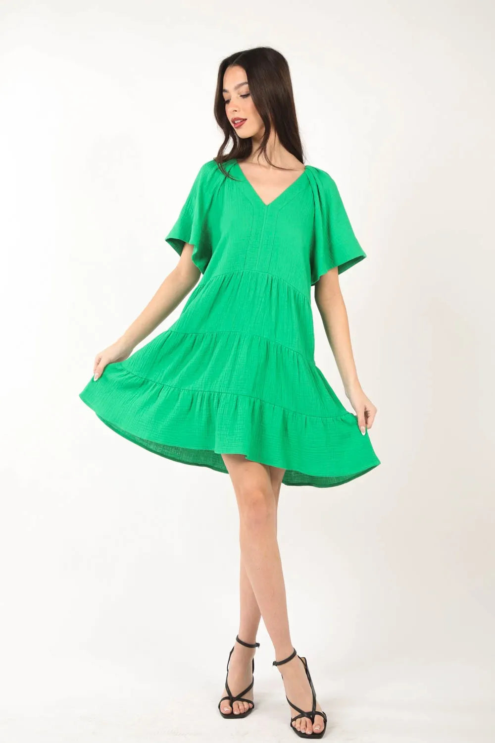 VERY J Texture V-Neck Ruffled Tiered Dress - Farnelli