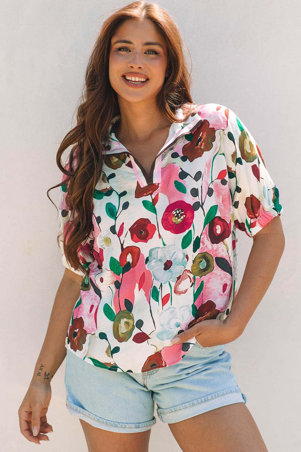 Adele Floral Slit V Neck Blouse - Farnelli