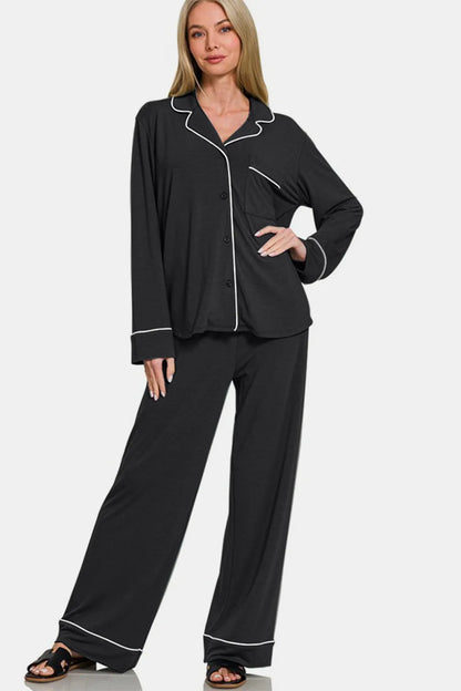 Zenana Button Down Long Sleeve Top and Pants Lounge Set - Farnelli