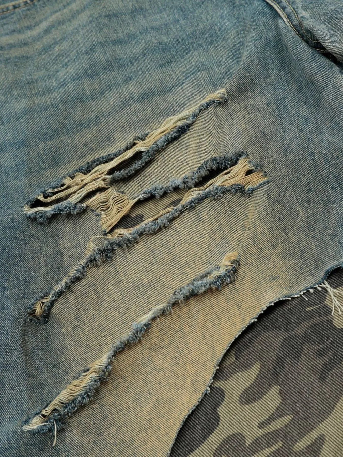 Men's Distressed Camo Patchwork Denim Shorts - Farnelli