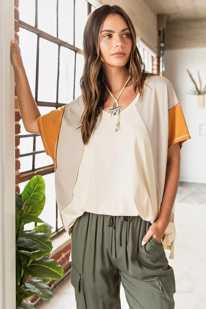 Mittoshop Color Block V-Neck Short Sleeve T-Shirt - Farnelli