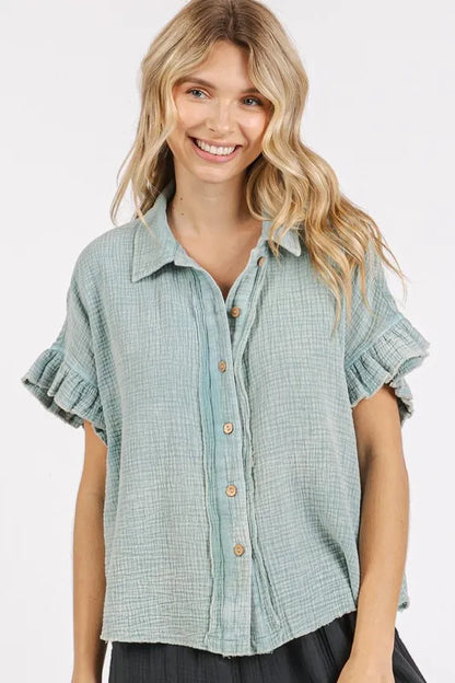 Mittoshop Mineral Washed Button Down Flounce Sleeve Shirt - Farnelli