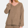 Zenana V-Neck Long Sleeve Ribbed Top and Shorts Set - Camel