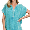 Zenana Washed Double Gauze 3/4 Button Henley Neck Shirt - LT TEAL