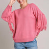 Umgee Full Size Fringe Round Neck Long Sleeve Sweater Plus Size - Hot Pink