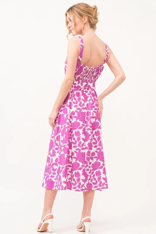 And The Why Square Neck Belted Floral Printed Midi Dress - Farnelli