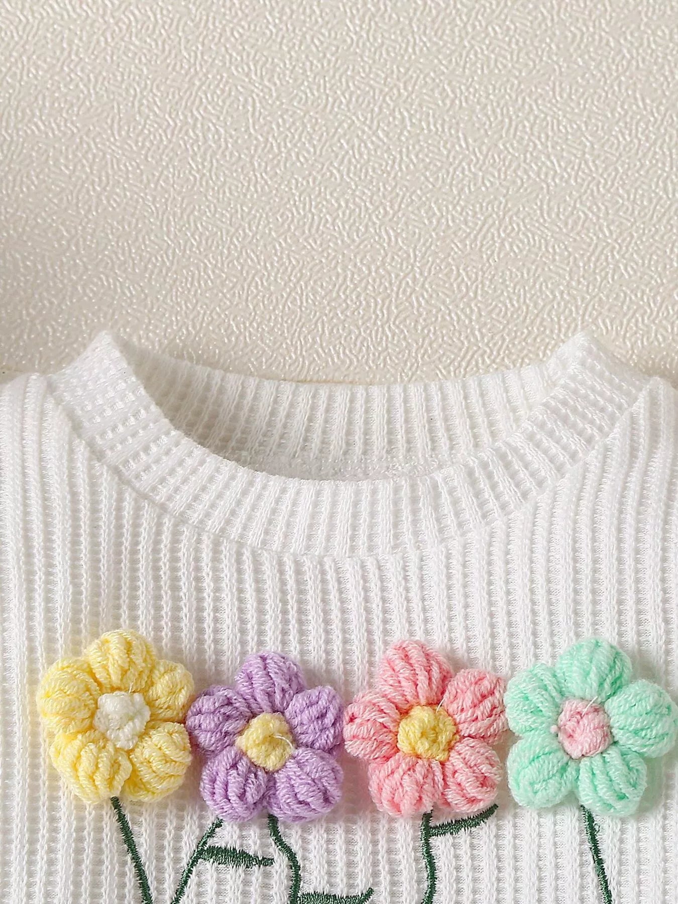 Children's Floral Applique Ribbed Top & Flare Leg Pants Set - Farnelli