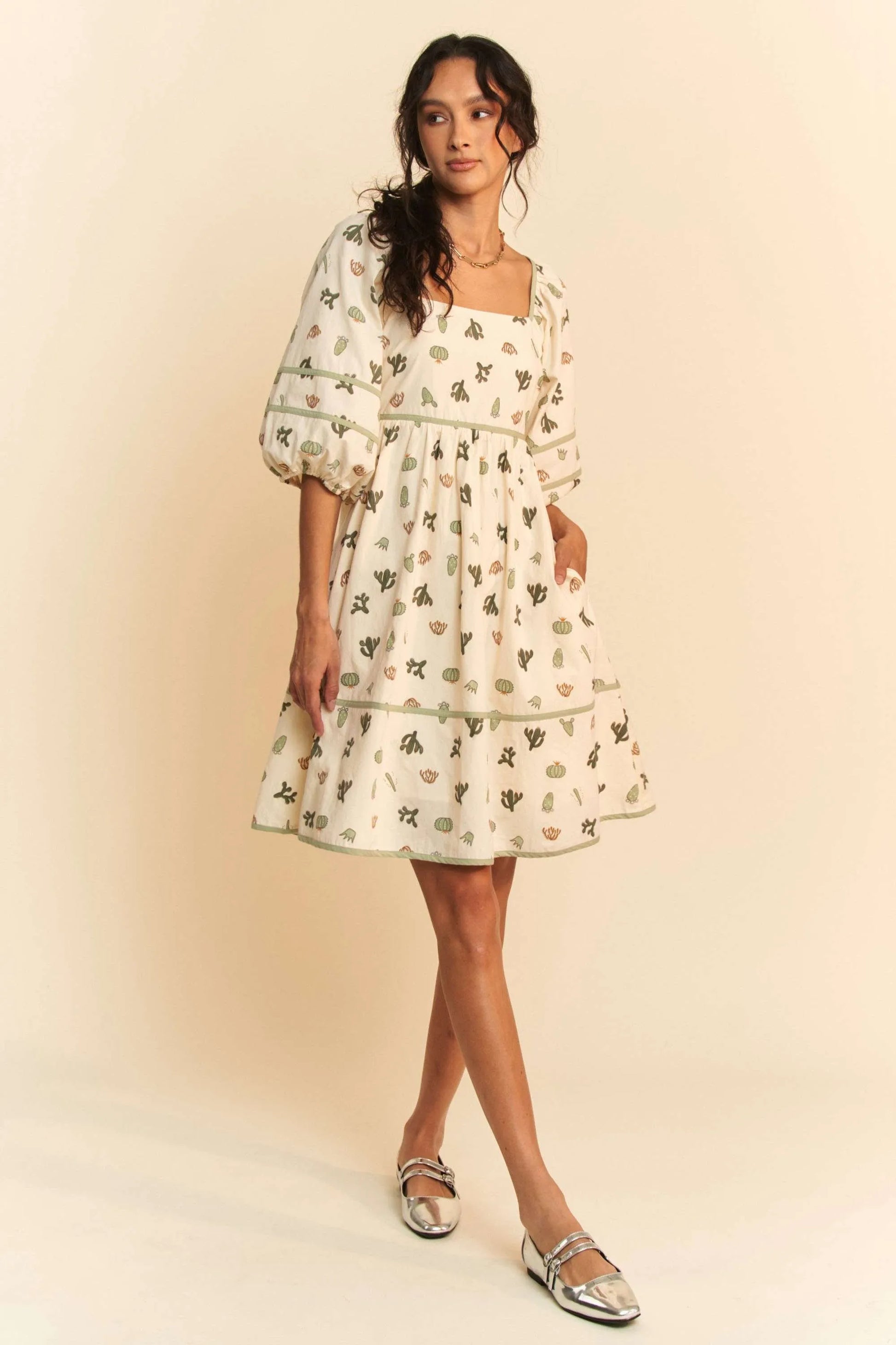 Davi & Dani Cactus Printed Poplin Contrast Piping Mini Dress - Farnelli