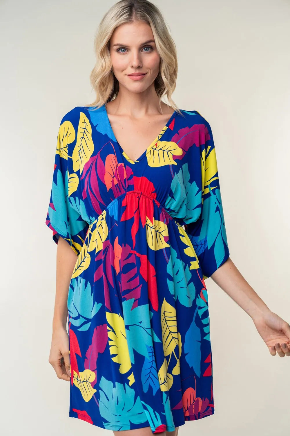 White Birch Full Size Printed V-Neck Mini Dress - Farnelli