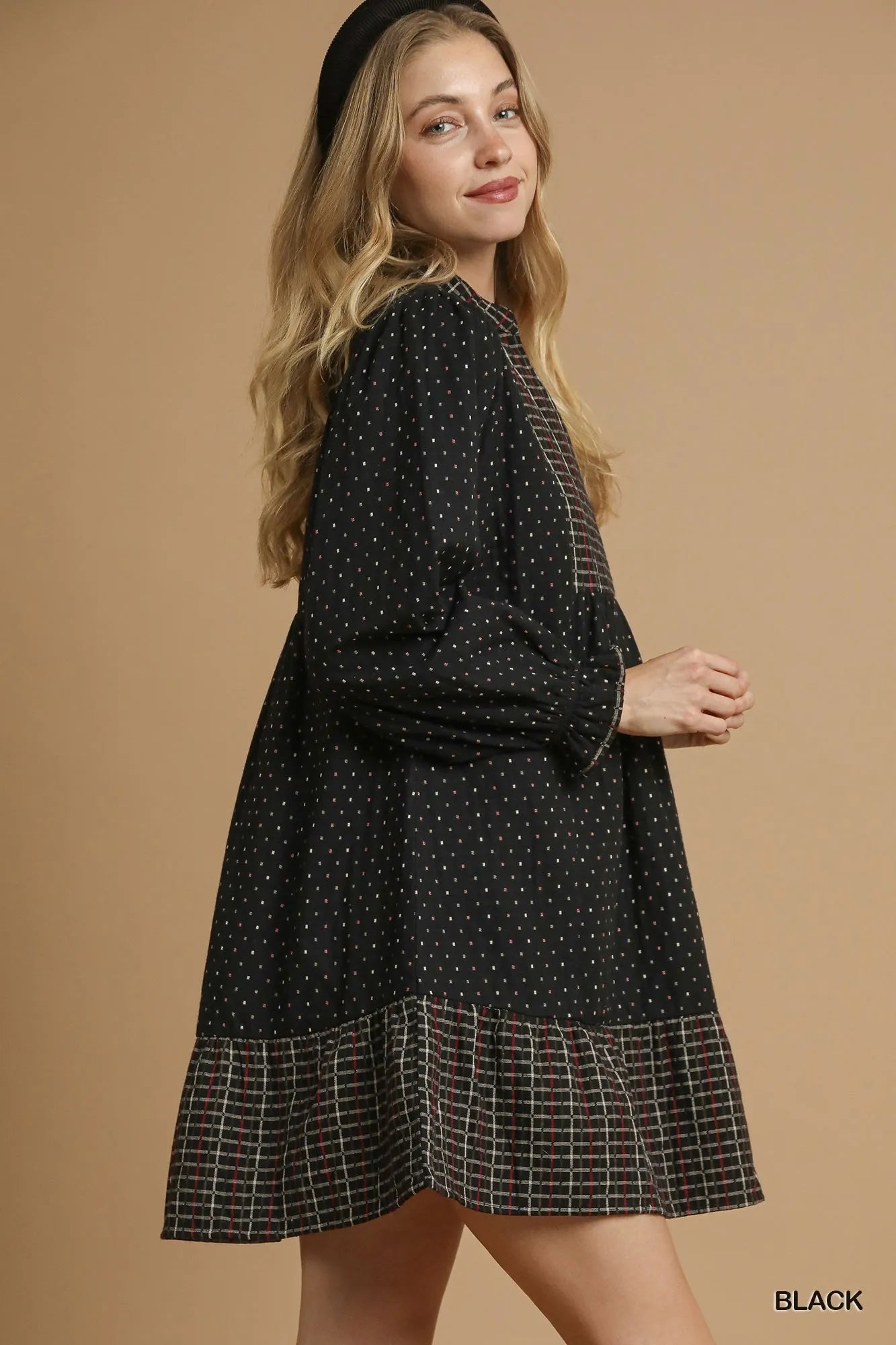 Umgee Polka Dot Plaid Trim Babydoll Dress - Farnelli