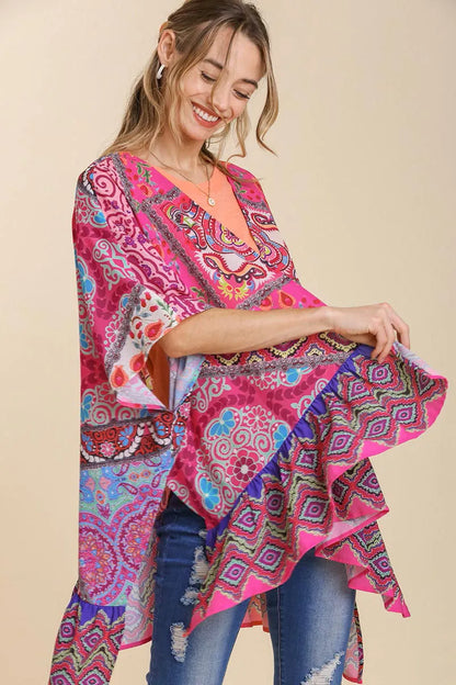 Umgee Full Size Mixed Print Ruffle Hem Open Front Cover Up Plus Size - Farnelli