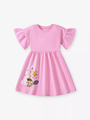 Children's Bunny Embroidered Round Neck Dress - Farnelli