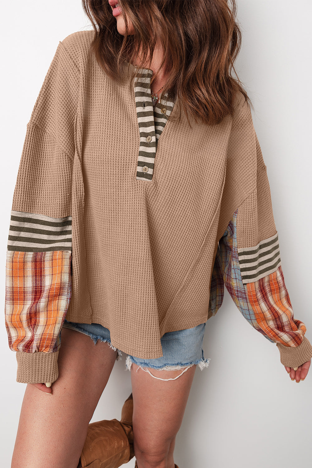 Aaliyah Waffle Stripe Plaid Patchwork Henley Knit Top - Farnelli
