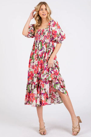 Mittoshop Flower Print Puff Sleeve Ruffle Smocked Midi Dress - Farnelli