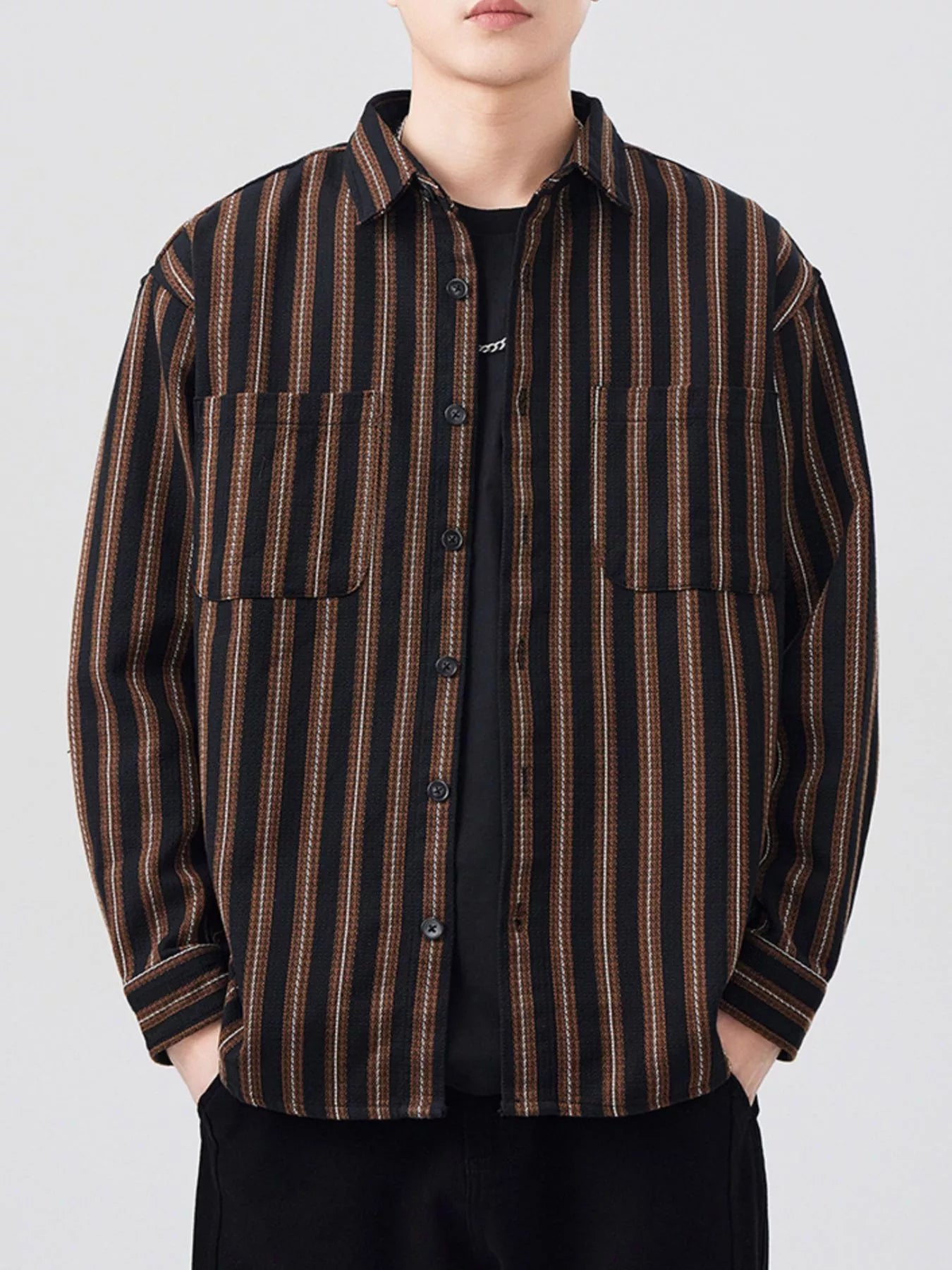 Men's Plus Size Striped Button Up Long Sleeve Shirt - Farnelli