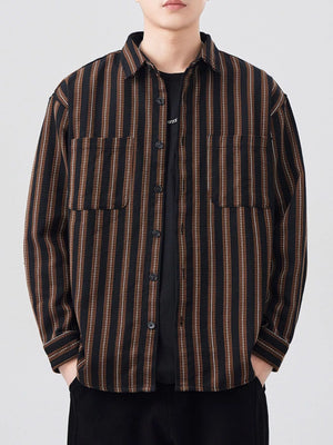 Men's Plus Size Striped Button Up Long Sleeve Shirt - Farnelli