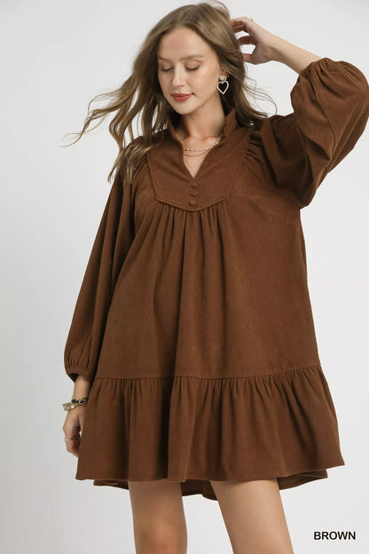Umgee Corduroy Tiered Babydoll Dress - Farnelli