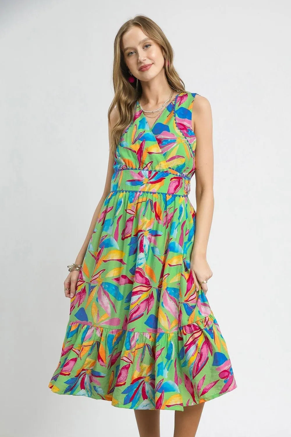 Umgee Ruffled Hem Printed Sleeveless Midi Dress - Farnelli