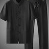 Men's Plus Size Button Up Short Sleeve Top and Pants Set - Black Suit