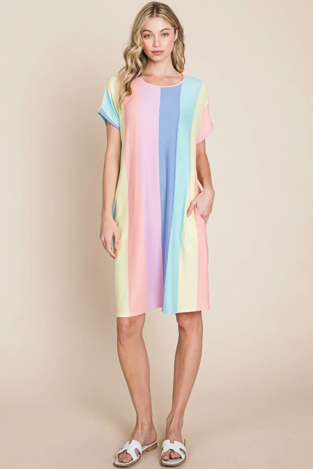 BOMBOM Striped Short Sleeve Dress with Pockets - Farnelli