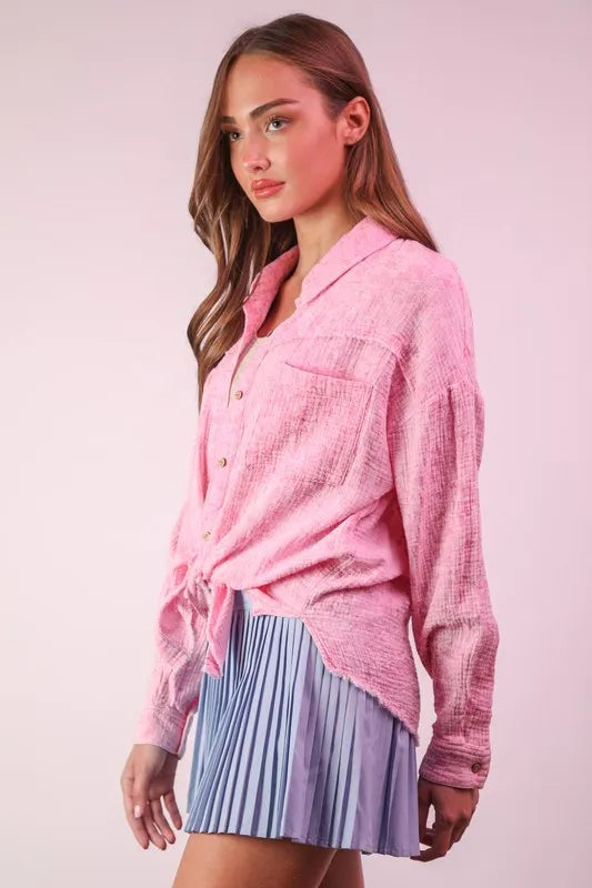 VERY J Full Size Mineral Washed Gauze Shirt Top Plus Size - Farnelli