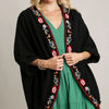 Umgee Embroidery Open Front Kimono with Pleated Shoulder Detail - Black