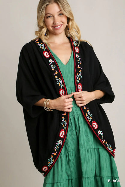 Umgee Embroidery Open Front Kimono with Pleated Shoulder Detail - Farnelli