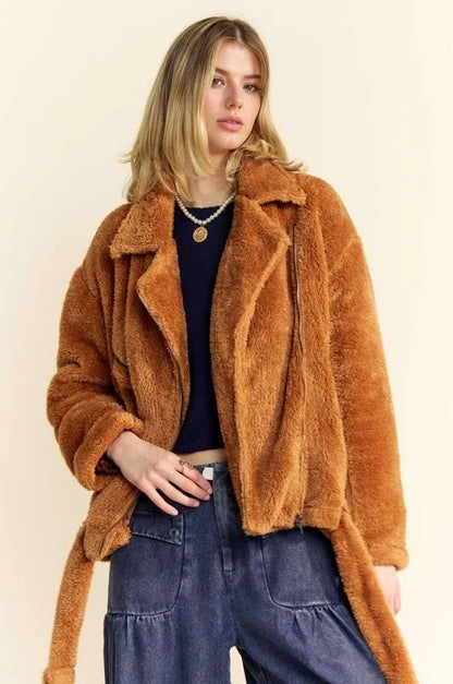 Davi & Dani Fuzzy Zip Up Collared Neck Jacket - Farnelli