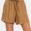 Zenana Washed Linen Frayed Hem Drawstring Shorts - Deep Camel