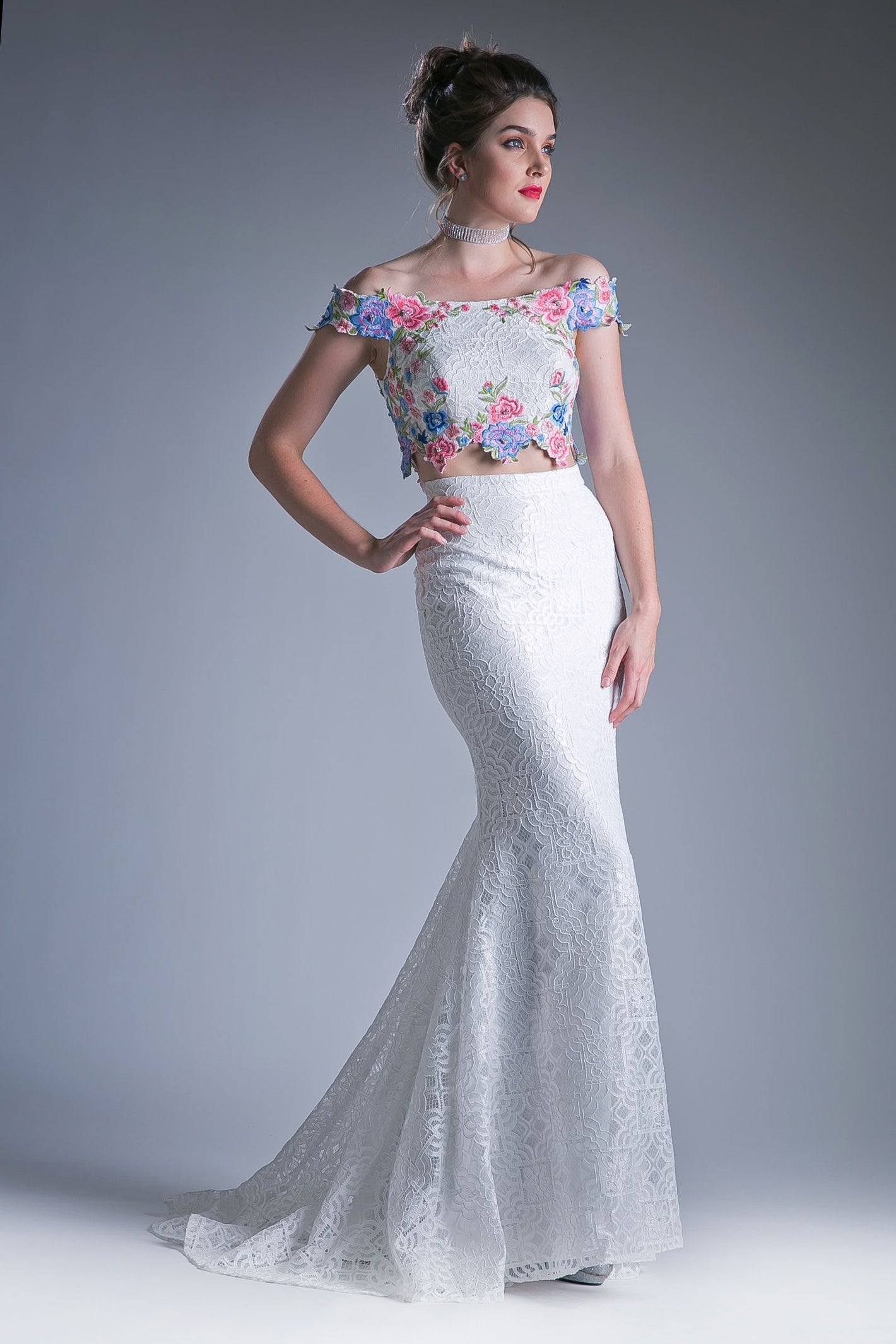 Two piece off the shoulder fitted dress with embroidered floral appliques and lace detailed skirt. - Farnelli