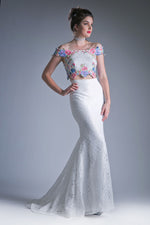 Two piece off the shoulder fitted dress with embroidered floral appliques and lace detailed skirt. - Farnelli