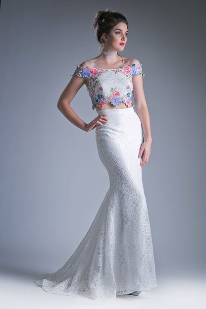 Two piece off the shoulder fitted dress with embroidered floral appliques and lace detailed skirt. - Farnelli