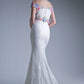 Two piece off the shoulder fitted dress with embroidered floral appliques and lace detailed skirt. - Farnelli