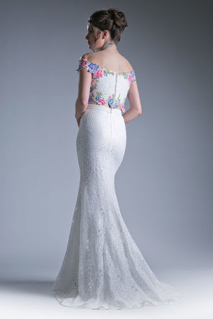 Two piece off the shoulder fitted dress with embroidered floral appliques and lace detailed skirt. - Farnelli