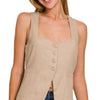 Zenana Linen Tie-back 4-button Vest with Lining - LT MOCHA