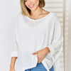 Zenana Full Size Waffle Knit V-Neck Long Sleeve Slit Top - Ivory