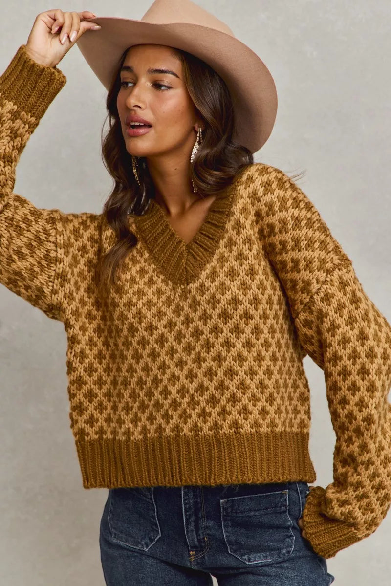 SO ME Color Block Textured Christmas Sweater V Neck Top - Farnelli