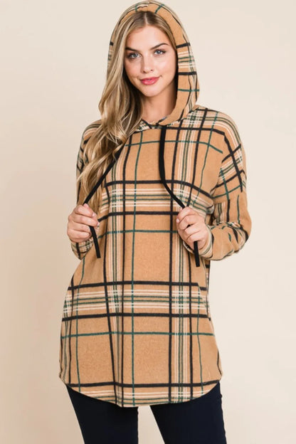BOMBOM Drawstring Plaid Long Sleeve Hoodie - Farnelli