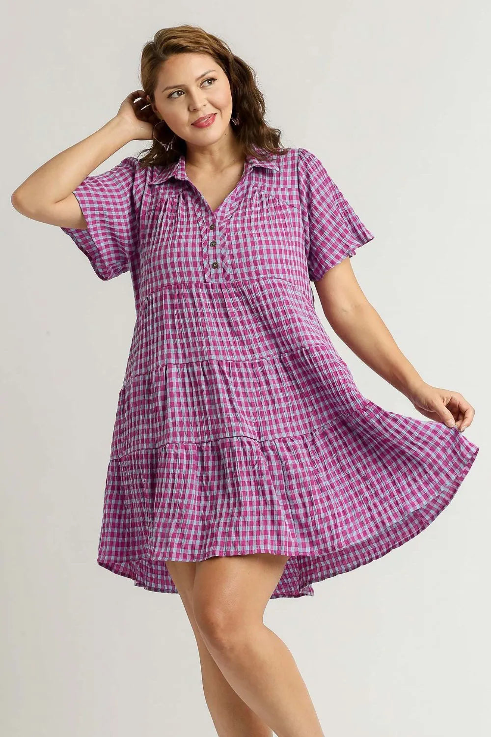 Umgee Full Size Gingham Tiered Button Detail Short Sleeve Dress Plus Size - Farnelli