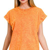 Zenana Crinkle Washed Round Neck Folded Short Sleeve Tee - ORANGE